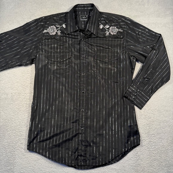 Vintage Roper Pearl Snap Western Shirt L Black Metallic Stripe Rose Embroidery - Picture 1 of 5
